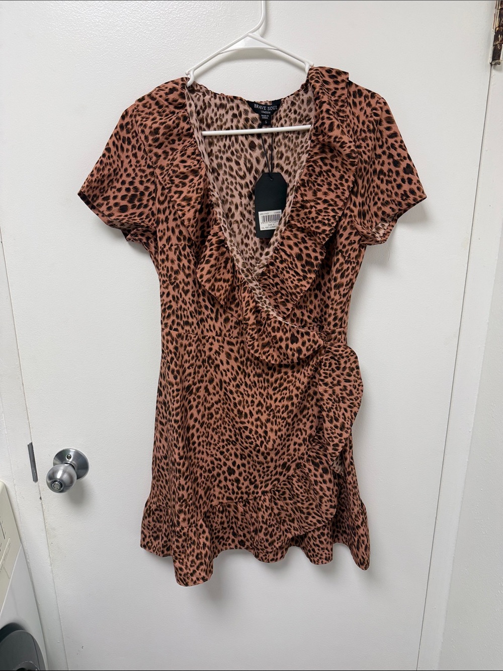 Brave Soul Brown Leopard-Print Ruffle Wrap Mini Dress